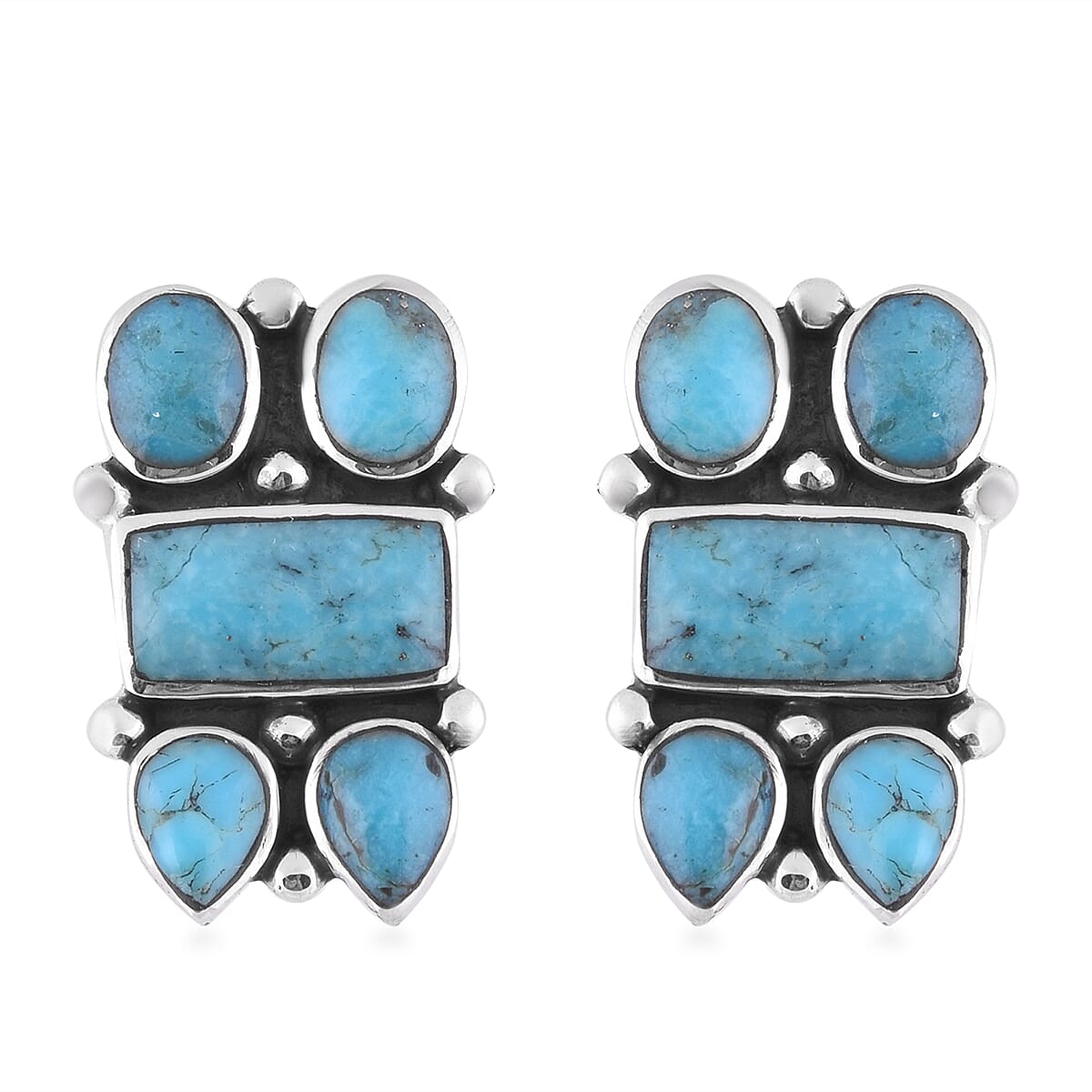 Santa Fe Collection - 2 Piece Set Artisan Crafted Turquoise Necklace (Size 18-2 Inch Ext.) and Earrings in Rhodium Overlay Sterling Silver