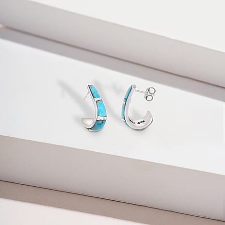 Santa Fe Collection - Turquoise Huggie Earrings with Plastic Push Back Rhodium Overlay Sterling Silver 5.50 Ct.