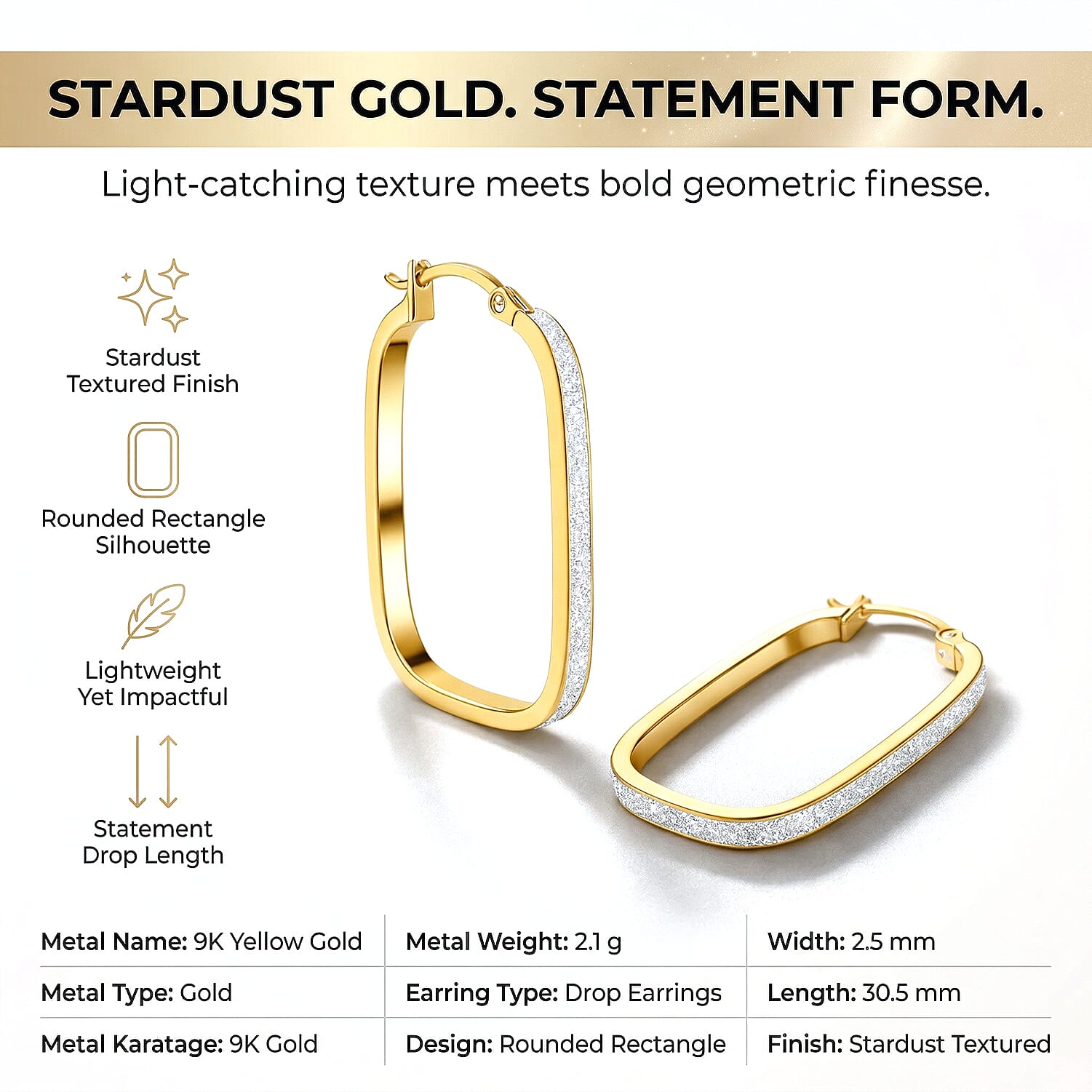 9K Yellow Gold 2.5MM X 30.5MM Stardust Rounded Rectangle Earrings 2.1 grams