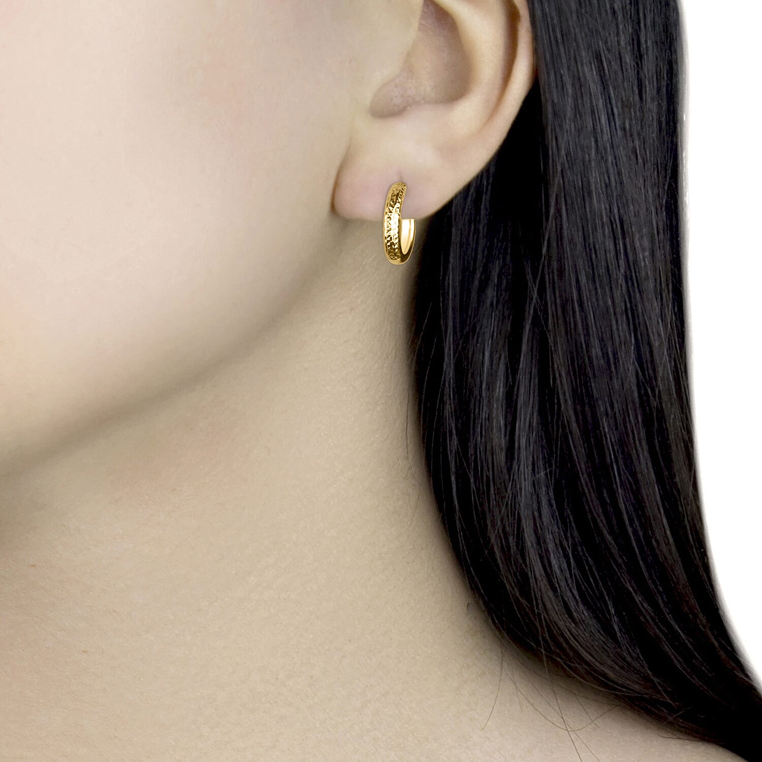 9K Yellow Gold 2.5MM Tube 15MM Diamond Hoop Cut Creole Earrings 1 grams