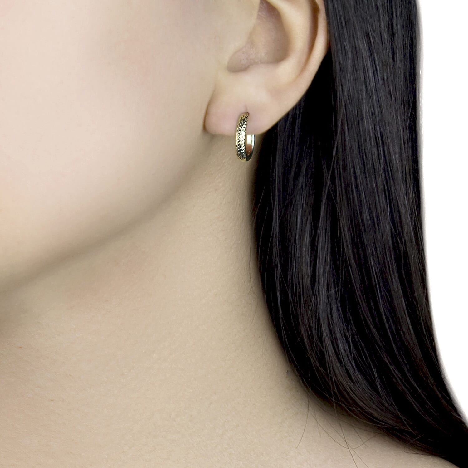 9K Yellow Gold 2.5MM Tube 15MM Diamond Hoop Cut Creole Earrings 1 grams