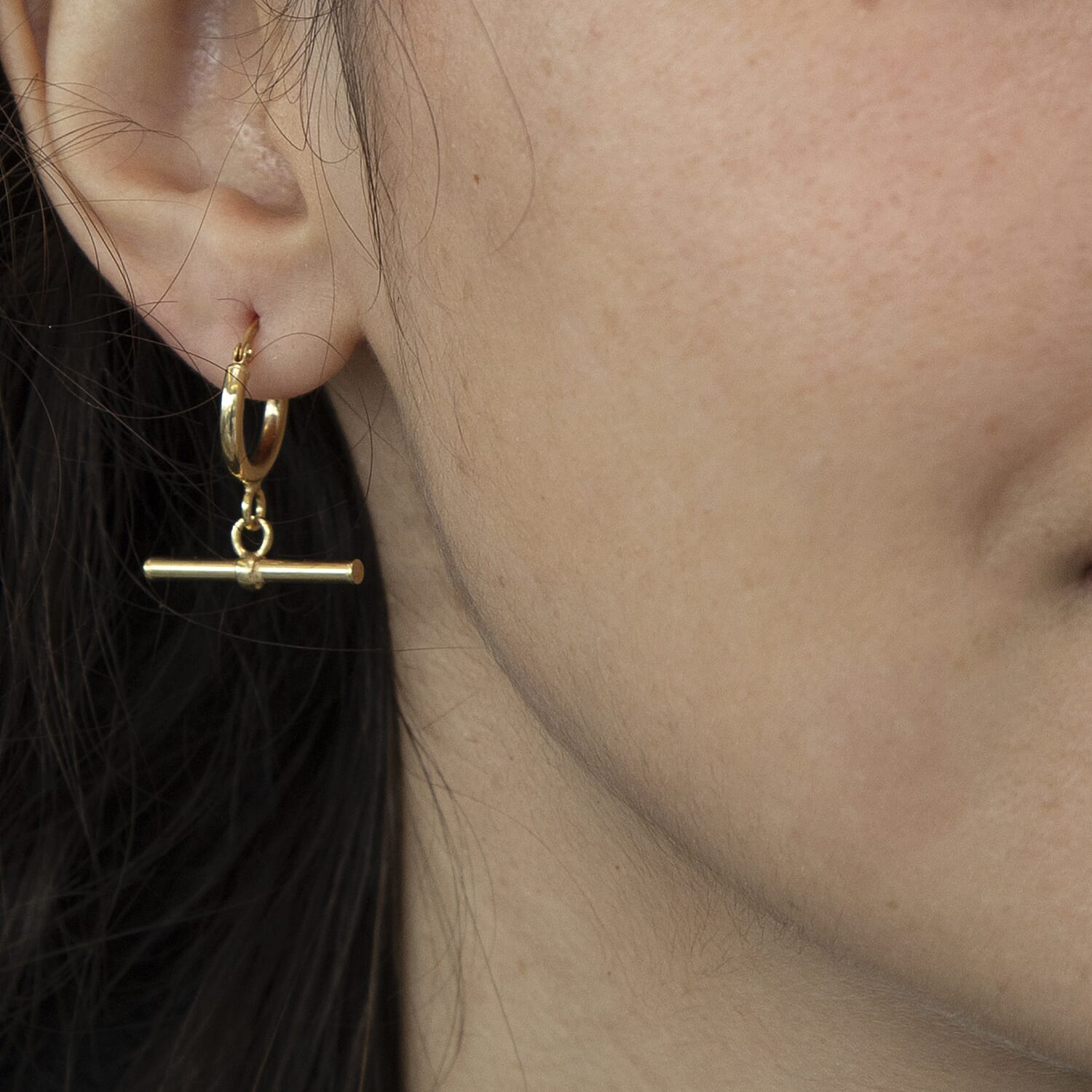 9K Yellow Gold 20MM X 23.5MM Round T Bar Hoop Creole Earrings 1.8 grams