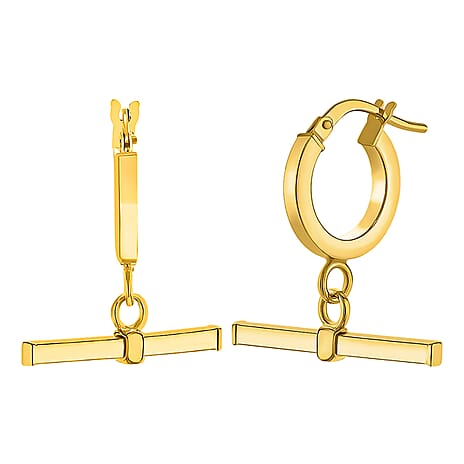9K Yellow Gold 20MM X 23.5MM Square T Bar Creole Hoop Earrings 1.7 grams