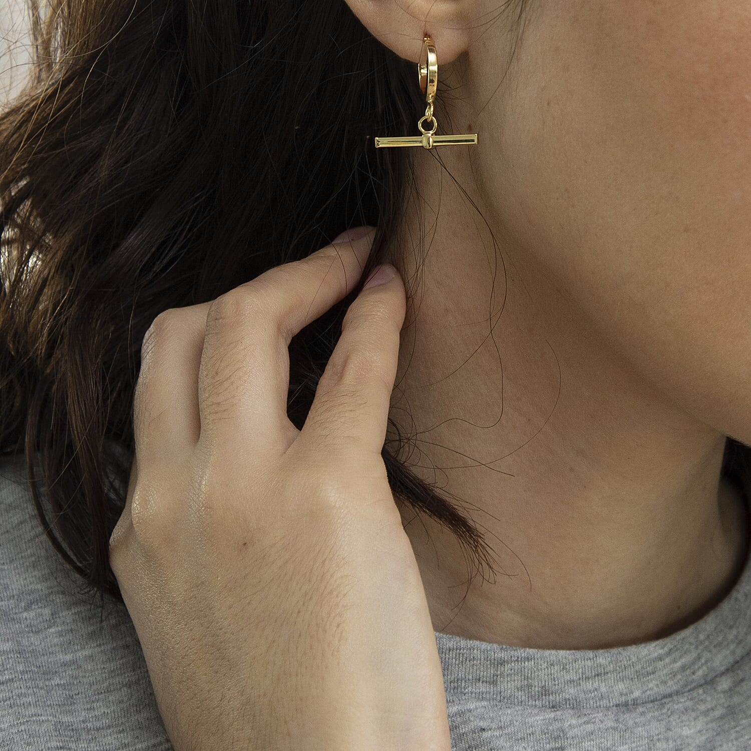 9K Yellow Gold 20MM X 23.5MM Square T Bar Creole Hoop Earrings 1.7 grams