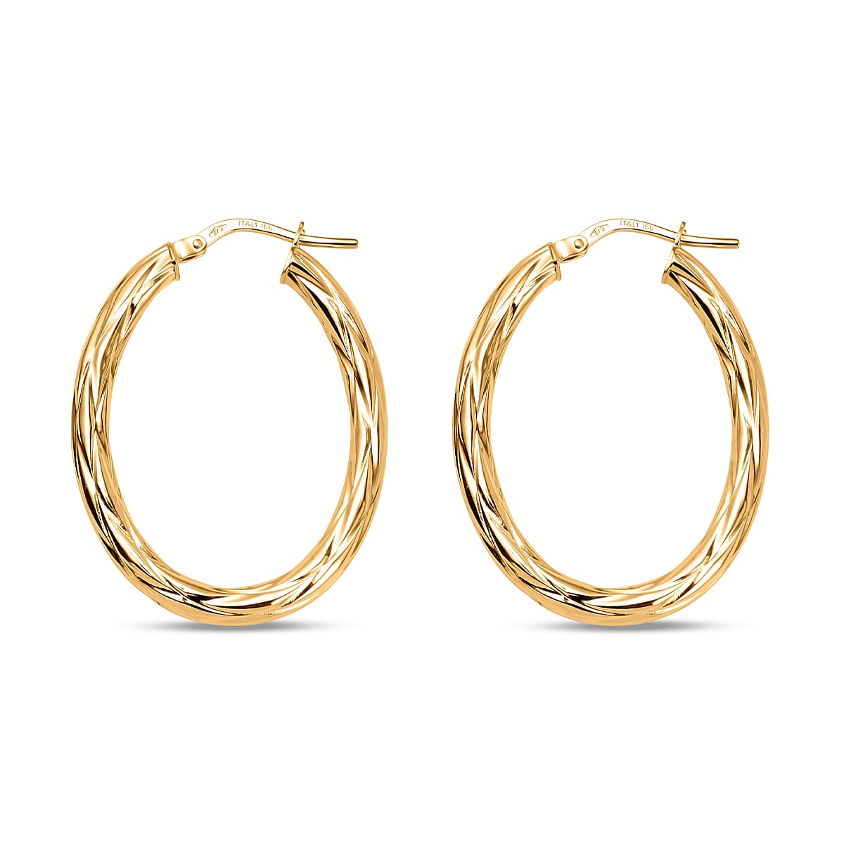 9K Yellow Gold Patterned Oval Hoop Creole Earrings with Clasp
