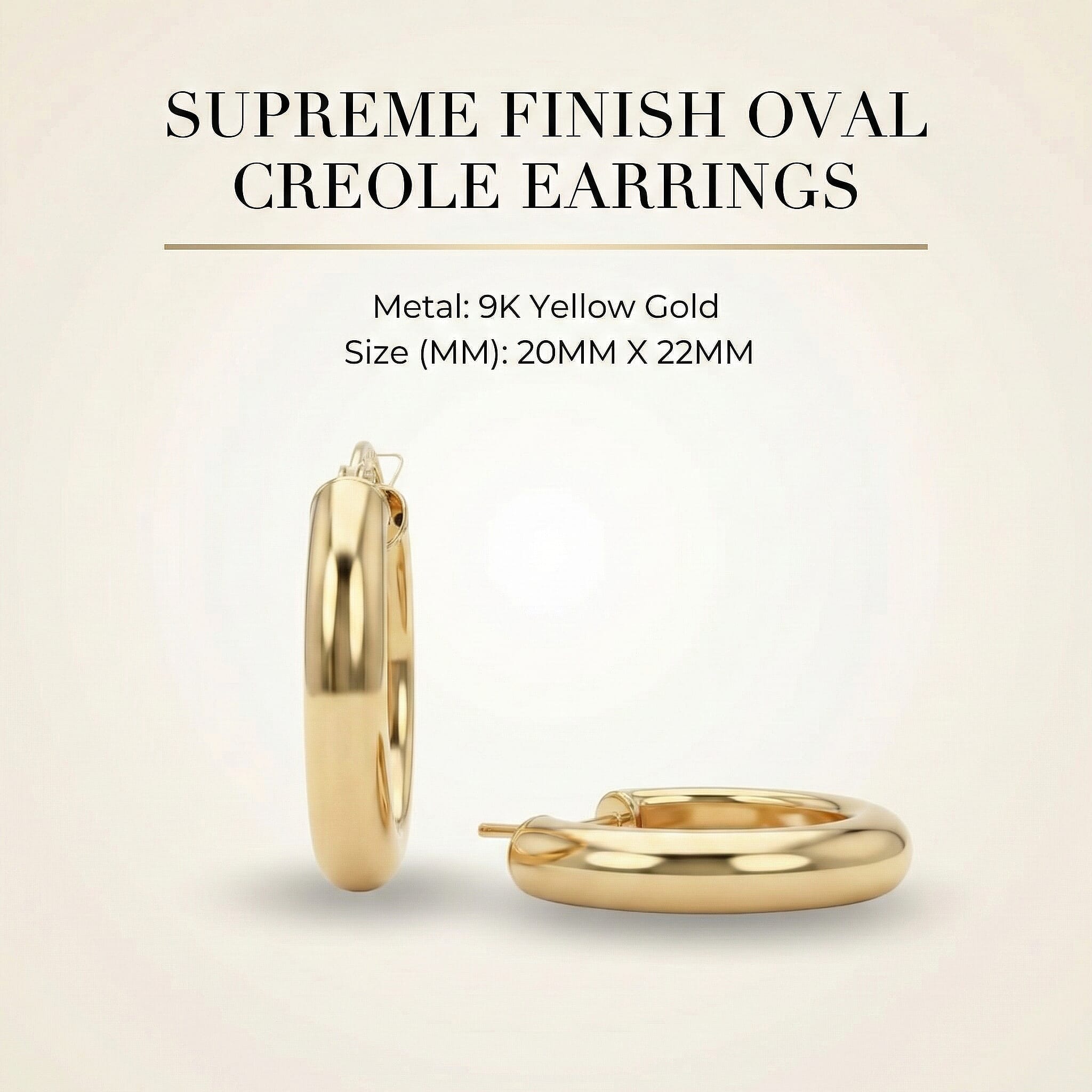9K Yellow Gold 20MM X 22MM Supreme Finish Oval Creole Earrings 1.7 Gms