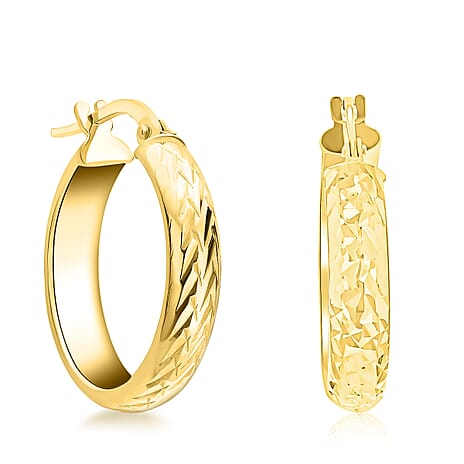 9K Yellow Gold 3.5MM Tube 21MM Diamond Cut Round Creole Hoop Earrings 1.5 grams
