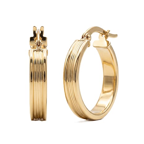 9K Yellow Gold 4MM Tube 21MM Patterned Hoop Creole Earrings 1.4 grams
