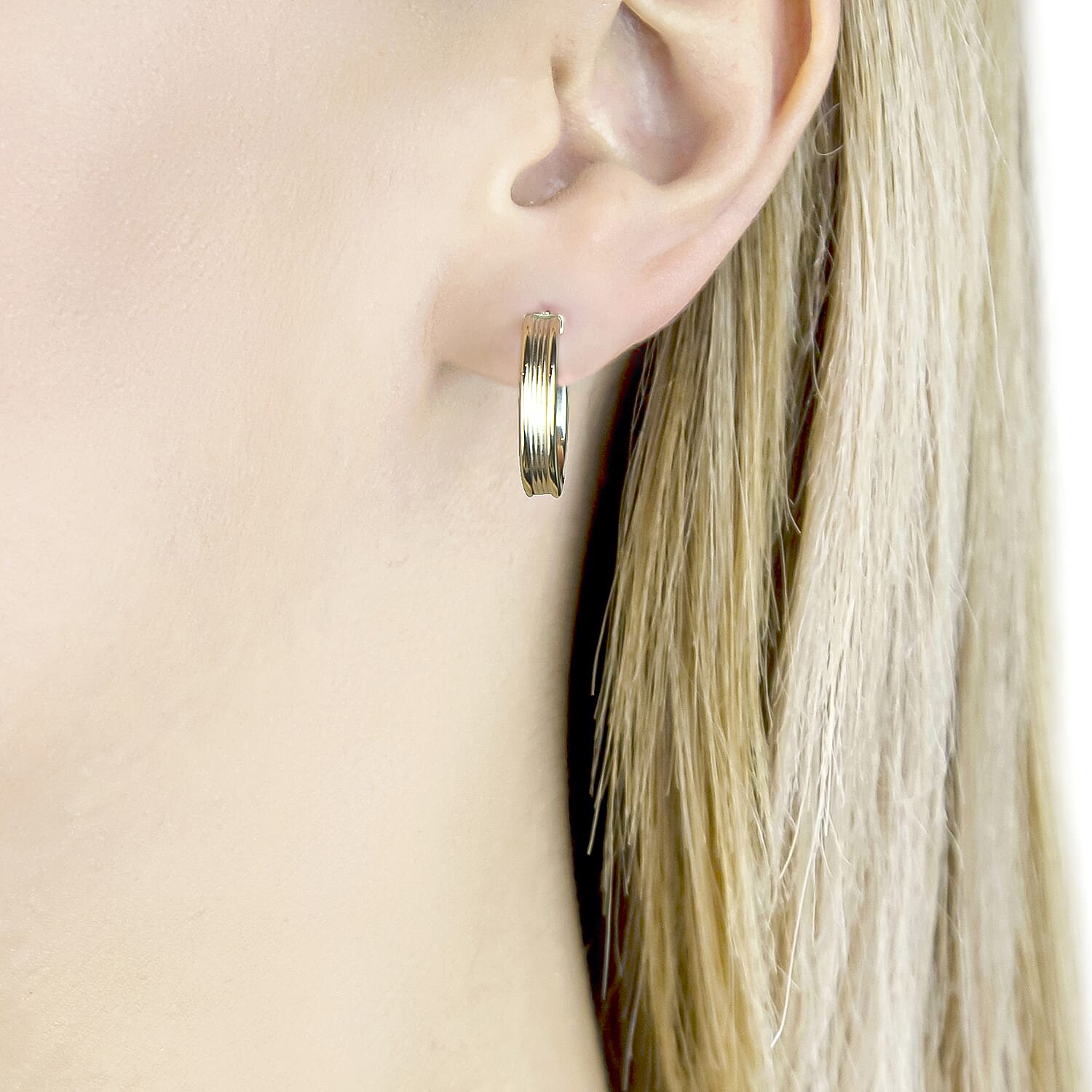 9K Yellow Gold 4MM Tube 21MM Patterned Hoop Creole Earrings 1.4 grams