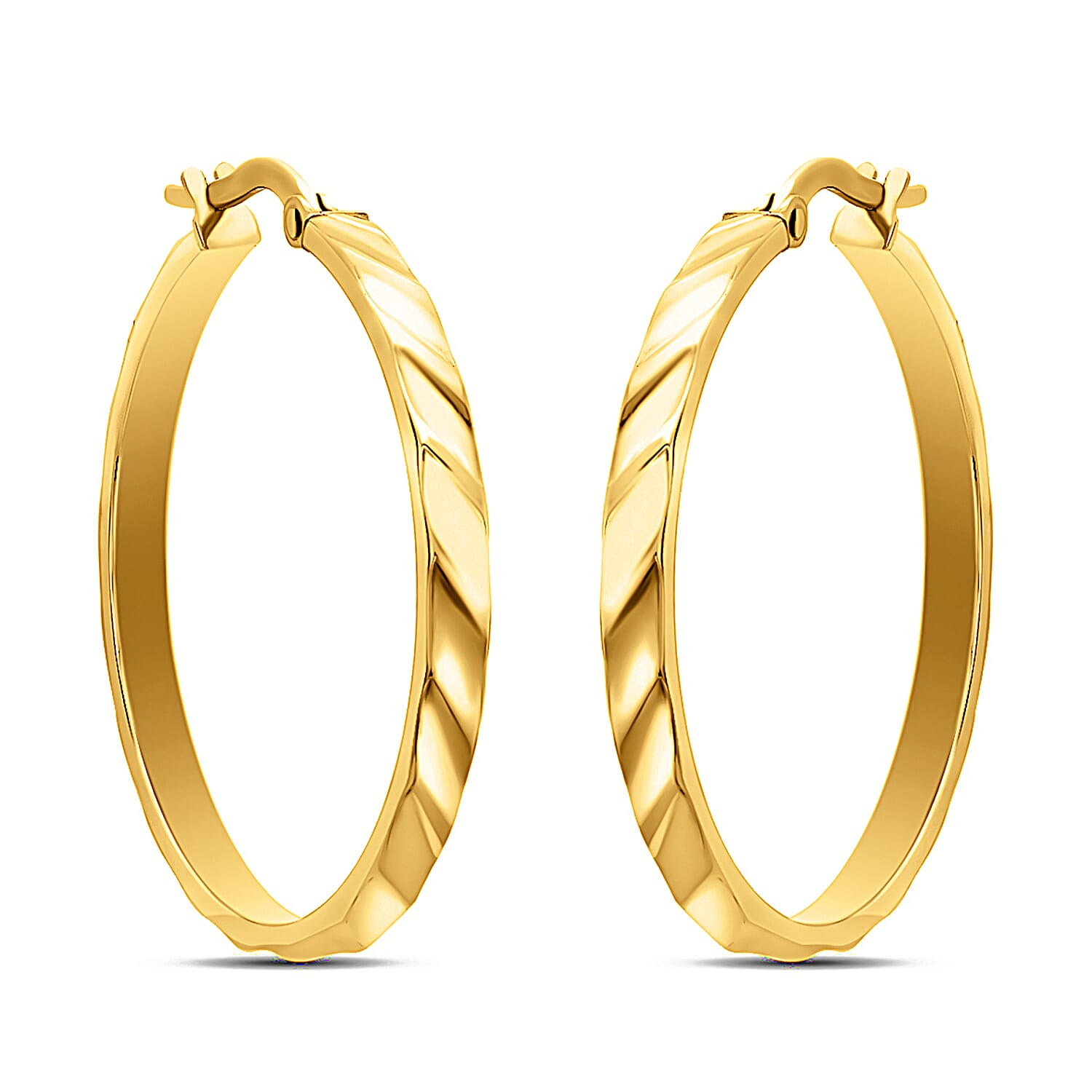 9K Yellow Gold 28MM Rectangular Tube Ribbed Creole Hoop Earrings 1.3 grams