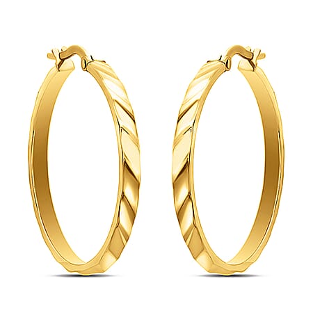 9K Yellow Gold 28MM Rectangular Tube Ribbed Creole Hoop Earrings 1.3 grams