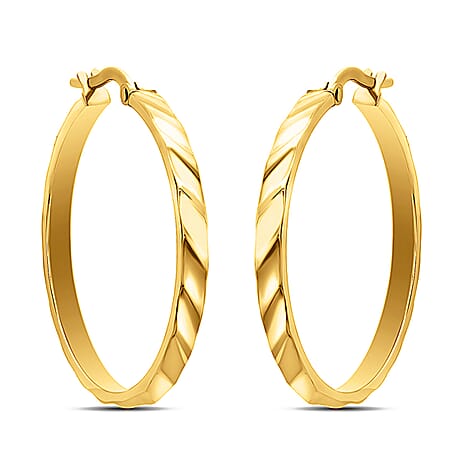 9K Yellow Gold 28MM Rectangular Tube Ribbed Creole Hoop Earrings 1.3 grams