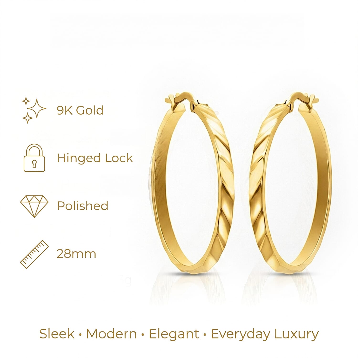 9K Yellow Gold 28MM Rectangular Tube Ribbed Creole Hoop Earrings 1.3 grams