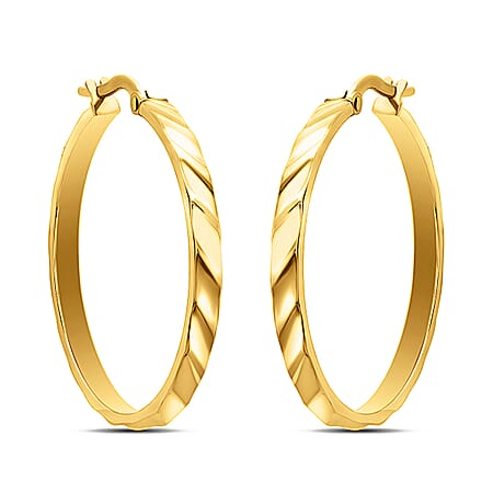 9K Yellow Gold 28MM Rectangular Tube Ribbed Creole Hoop Earrings 1.3 grams