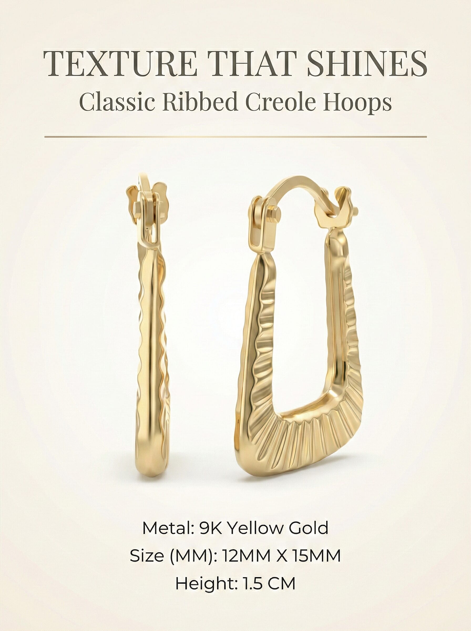 9K Yellow Gold 12MM X 15MM Ribbed Creole Earrings 0.38 grams