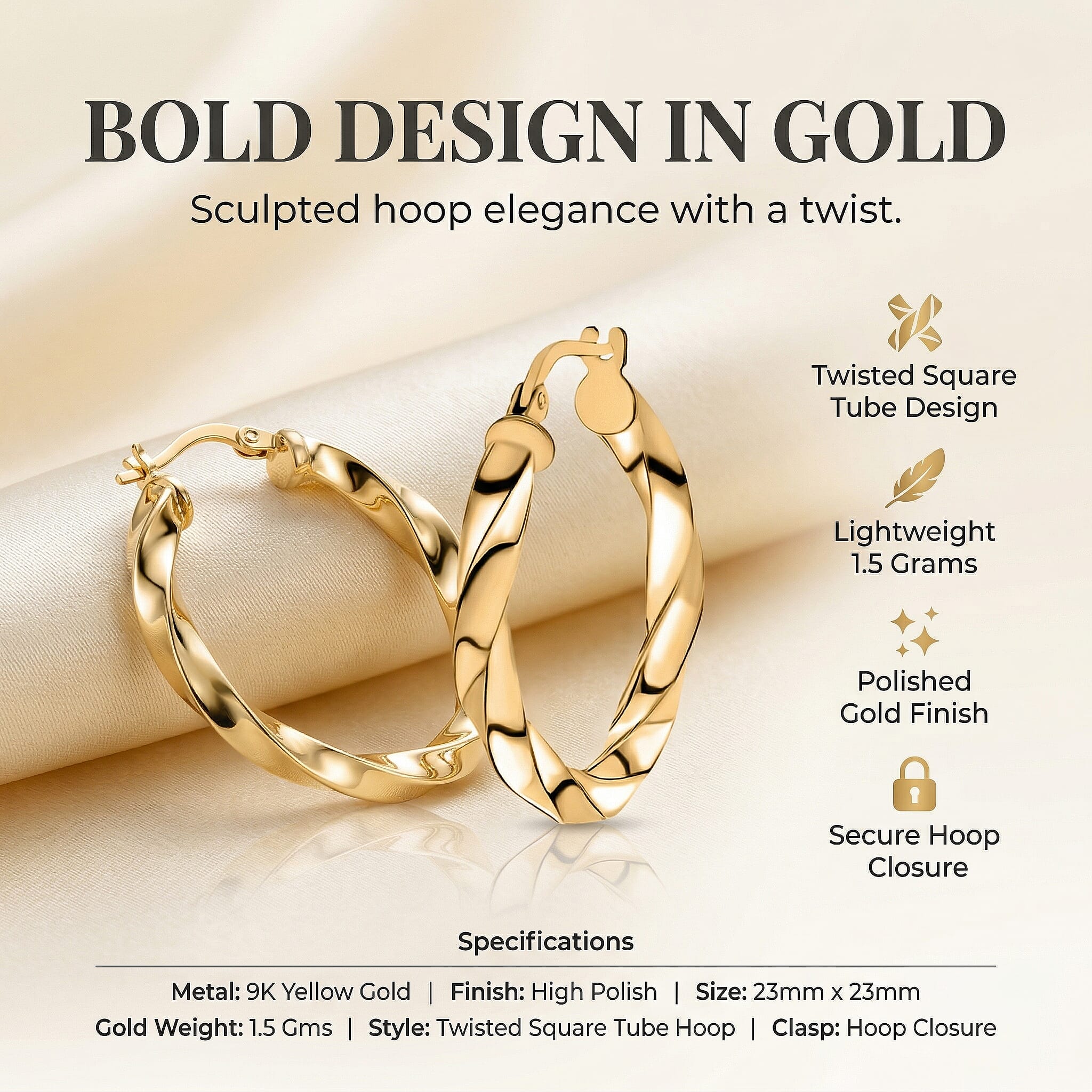 9K Yellow Gold 23MM X 23MM Twisted Square Tube Creole Hoop Earrings 1.5 grams