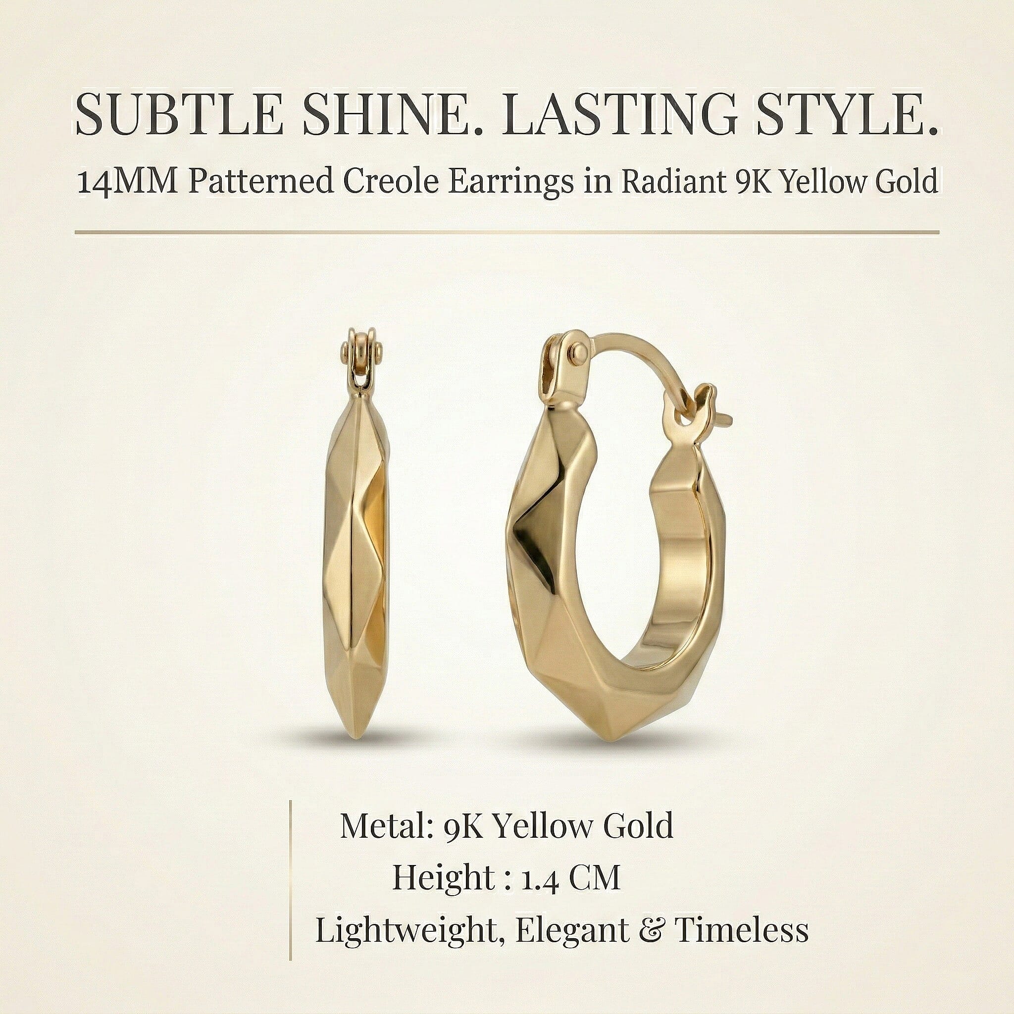 9K Yellow Gold 14MM Patterned Creole Earrings 0.53 grams