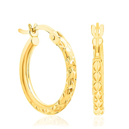 9K Yellow Gold 15MM Diamond Cut Hoop Creole Earrings 1 grams