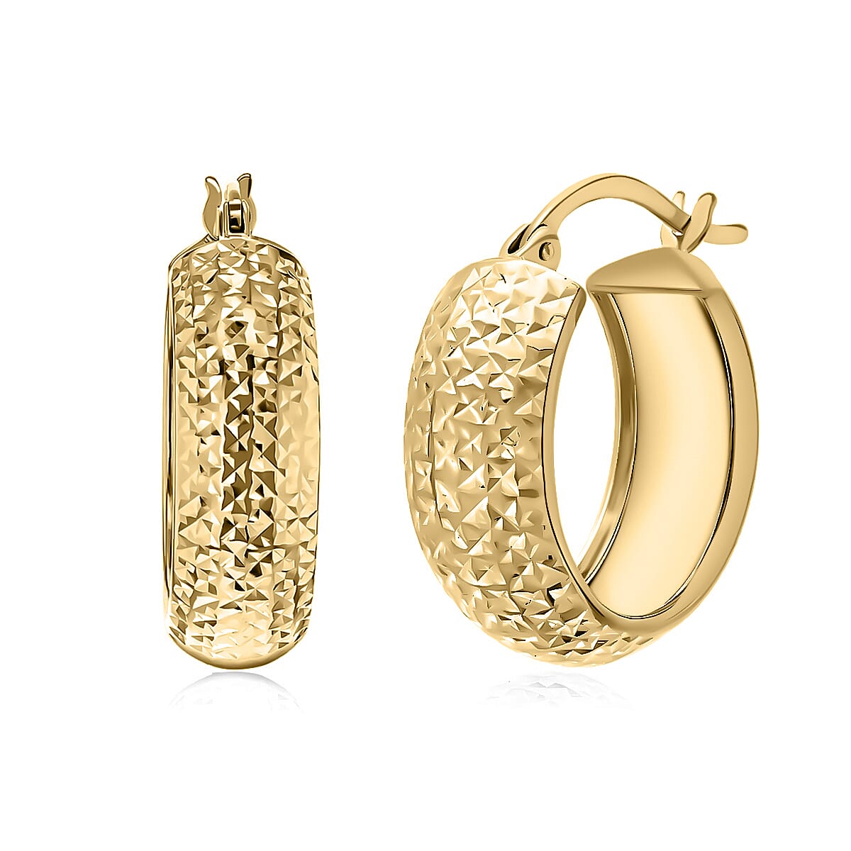 9K Yellow Gold 6.5MM X 21.5MM Half Diamond Cut Round Creole Hoop Earrings 2 grams