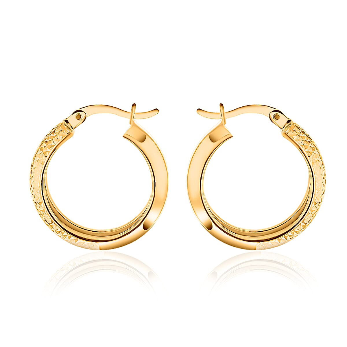9K Yellow Gold 6.5MM X 21.5MM Half Diamond Cut Round Creole Hoop Earrings 2 grams