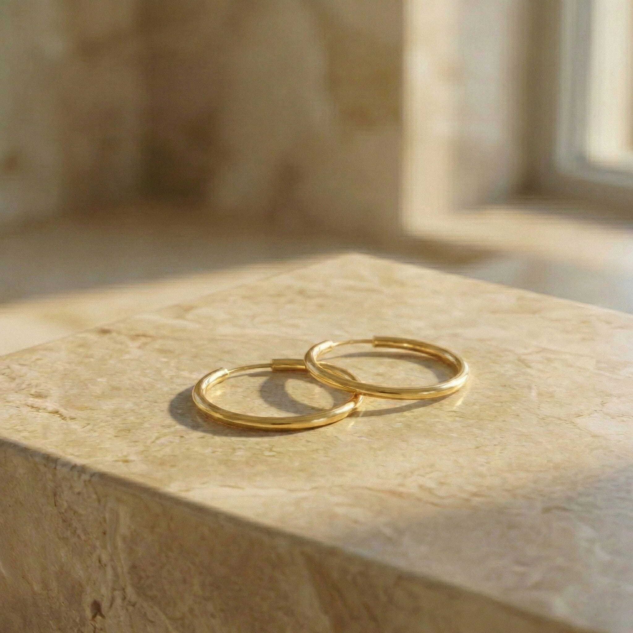 9K Yellow Gold 1.2MM Tube 13MM Sleeper Hoop Earrings 0.32 grams