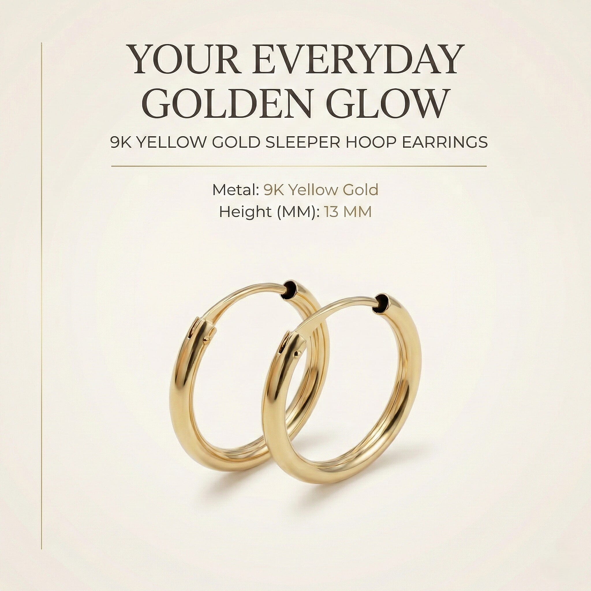 9K Yellow Gold 1.2MM Tube 13MM Sleeper Hoop Earrings 0.32 grams