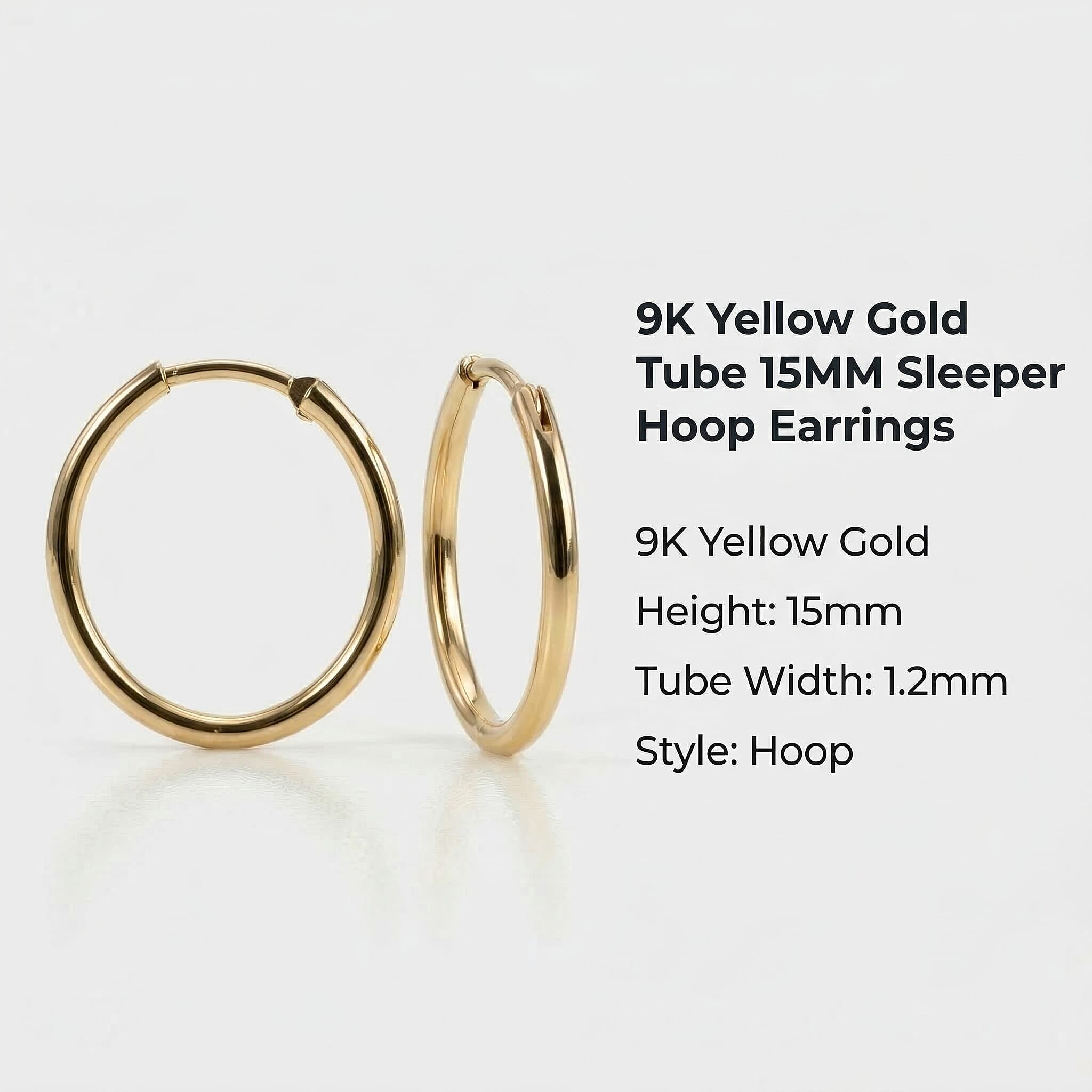 9K Yellow Gold 1.5MM Tube 15MM Sleeper Hoop Earrings 0.38 grams
