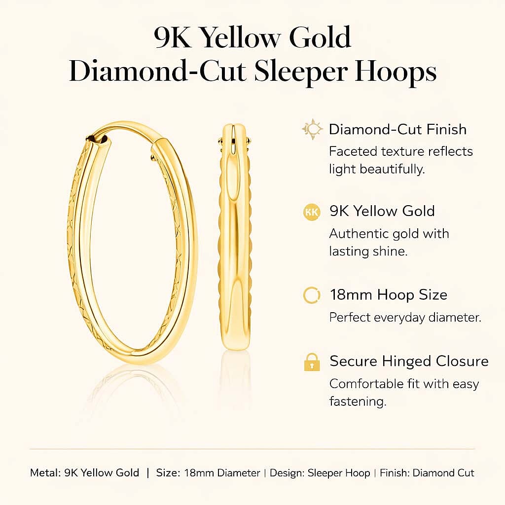 9K Yellow Gold 18MM Diamond Cut Sleeper Hoop Earrings