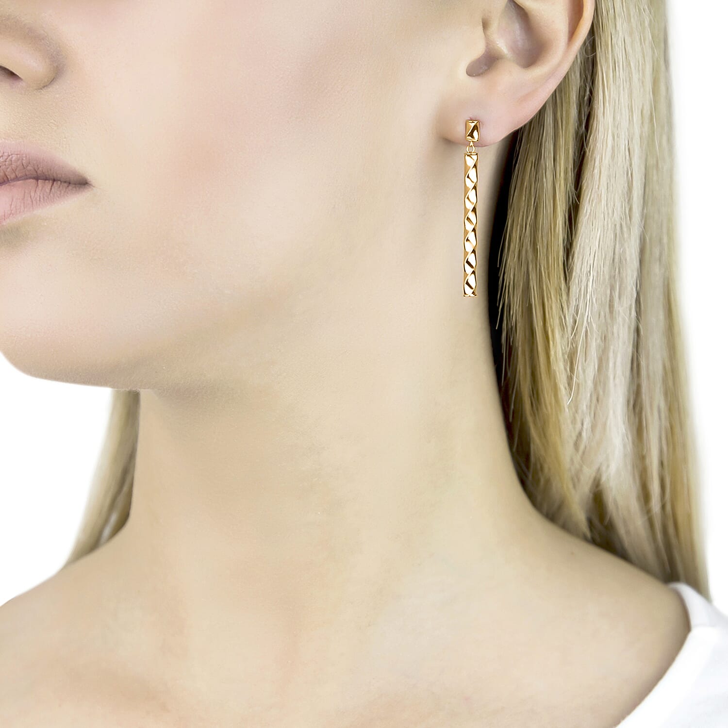 9K Yellow Gold 4MM X 43MM Twist Bar Drop Earrings 1.5 grams