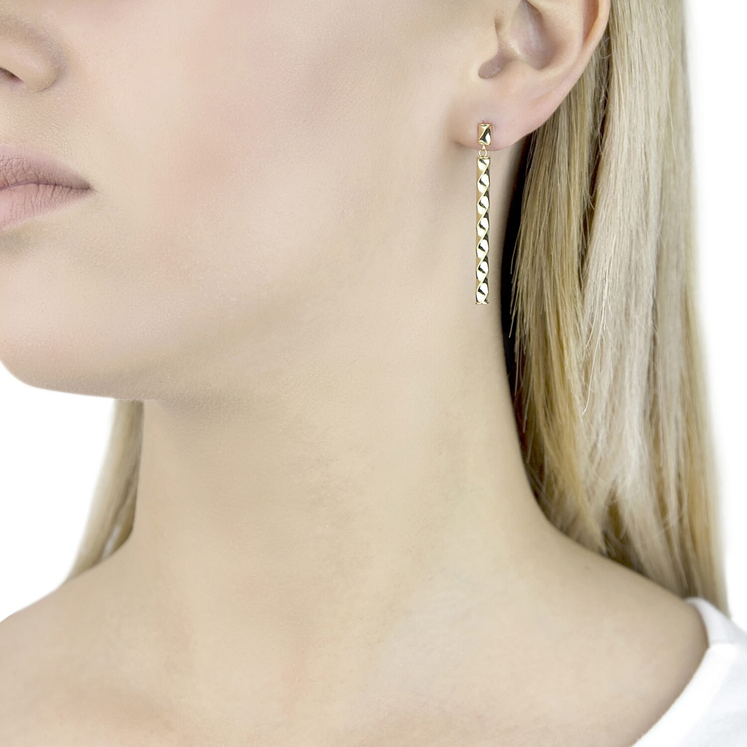 9K Yellow Gold 4MM X 43MM Twist Bar Drop Earrings 1.5 grams