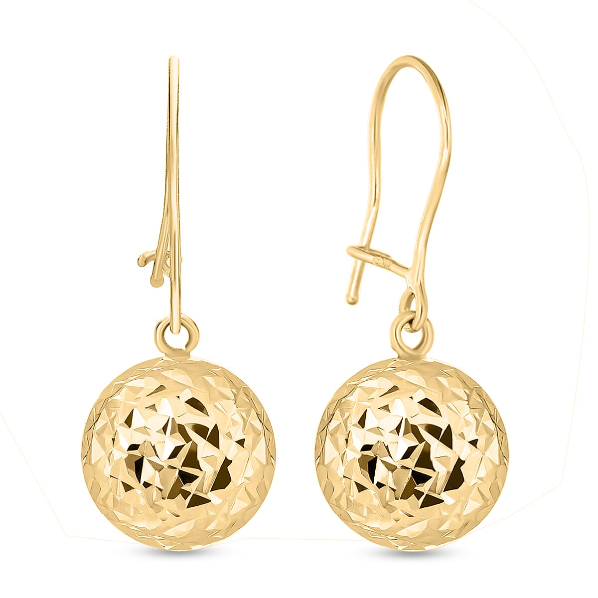 9K Yellow Gold 10MM Diamond Cut Ball 10MM X 24MM Drop Earrings 1.3 grams