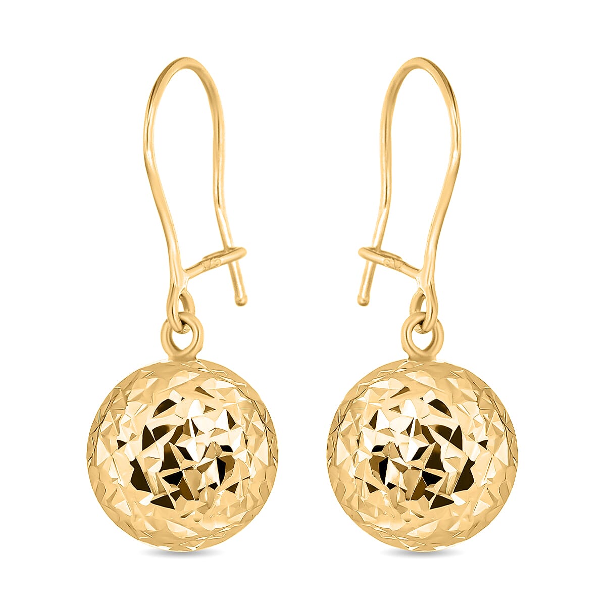 9K Yellow Gold 10MM Diamond Cut Ball 10MM X 24MM Drop Earrings 1.3 grams