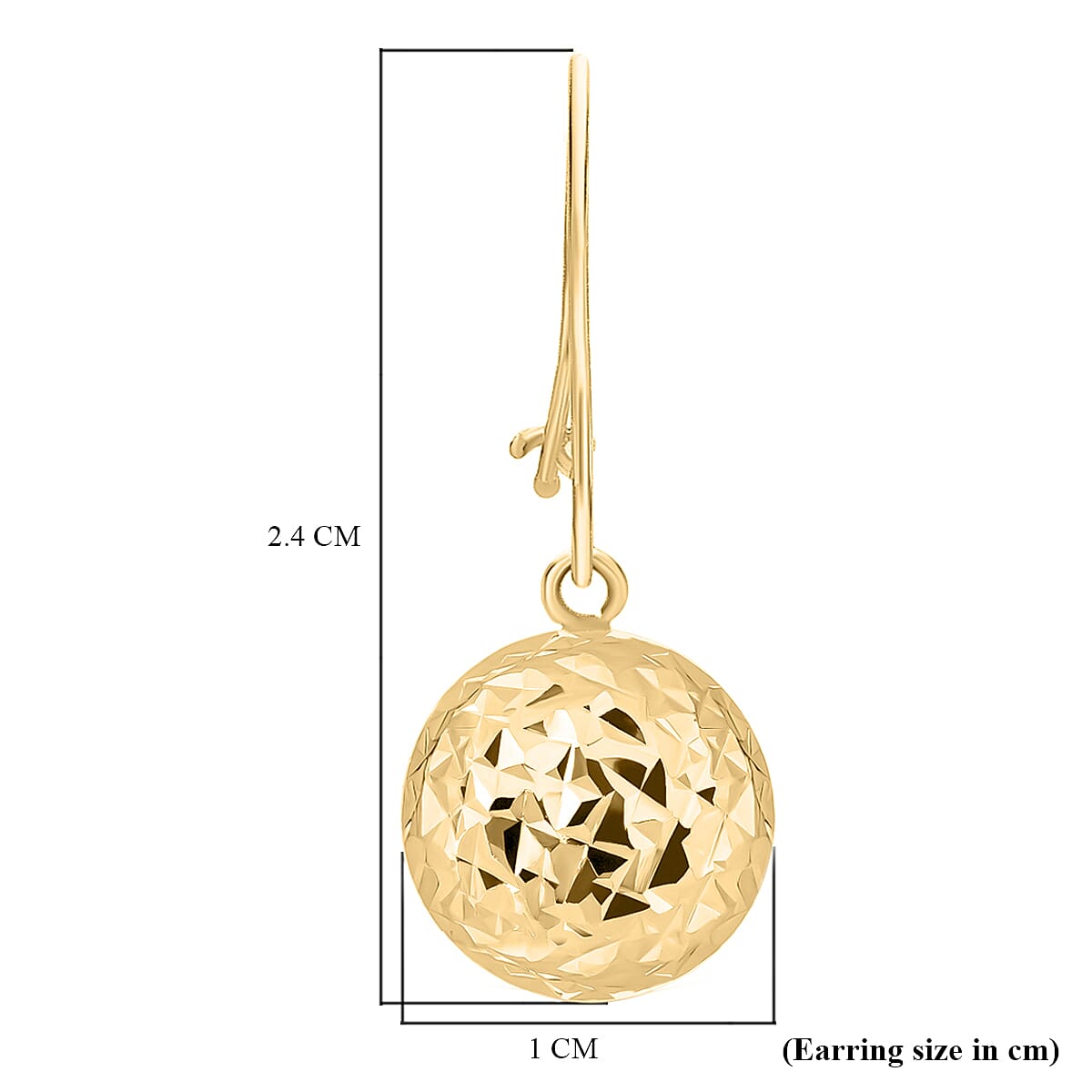9K Yellow Gold 10MM Diamond Cut Ball 10MM X 24MM Drop Earrings 1.3 grams