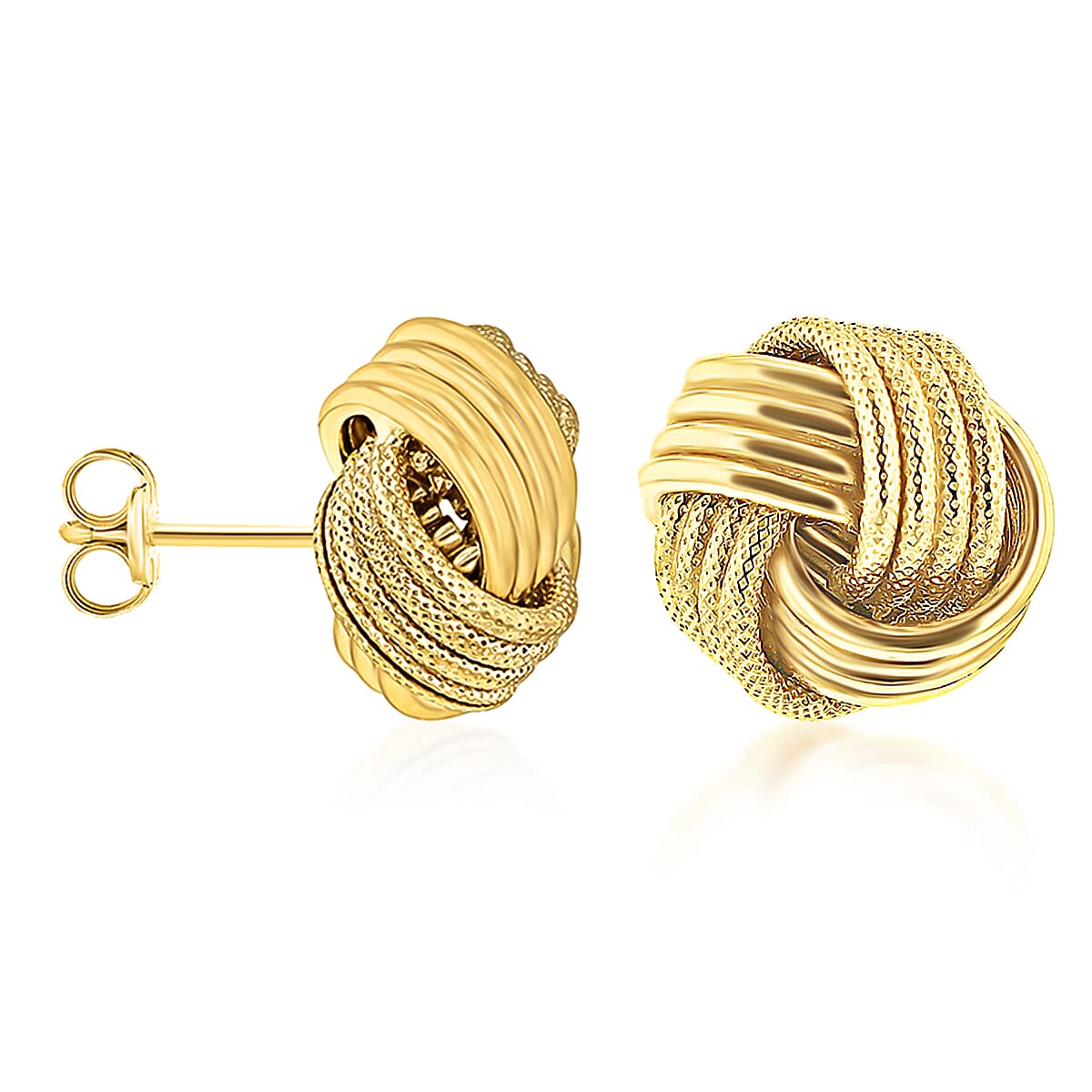 9K Yellow Gold 11MM Supreme Finish And Textured Knot Stud Earrings 1.9 grams