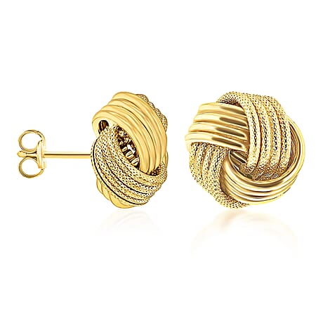 9K Yellow Gold 11MM Supreme Finish And Textured Knot Stud Earrings 1.9 grams