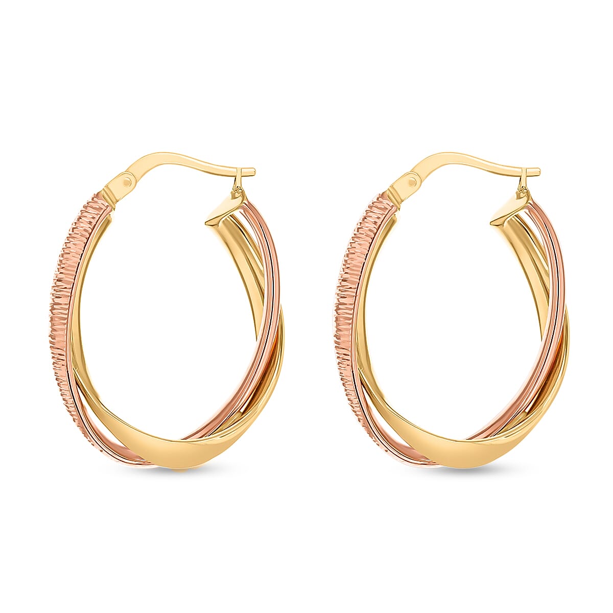 9K Two Colour Gold 19MM X 24MM Diamond Cut Double Oval Creole Hoop Earrings 3.1 grams