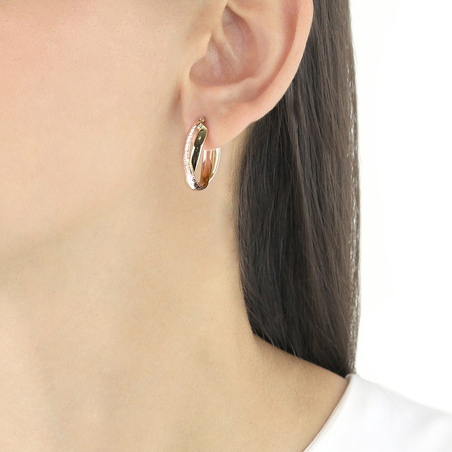 9K Two Colour Gold 19MM X 24MM Diamond Cut Double Oval Creole Hoop Earrings 3.1 grams