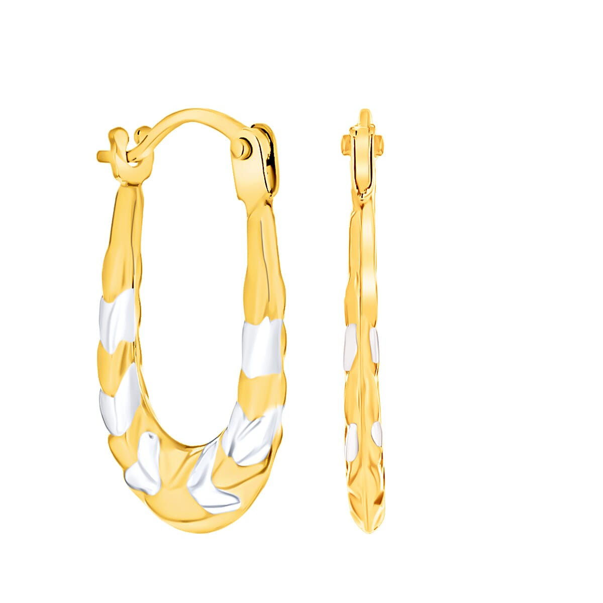 9K Two Colour Gold 12MM X 16MM Patterned Kiss Creole Earrings 0.4 grams