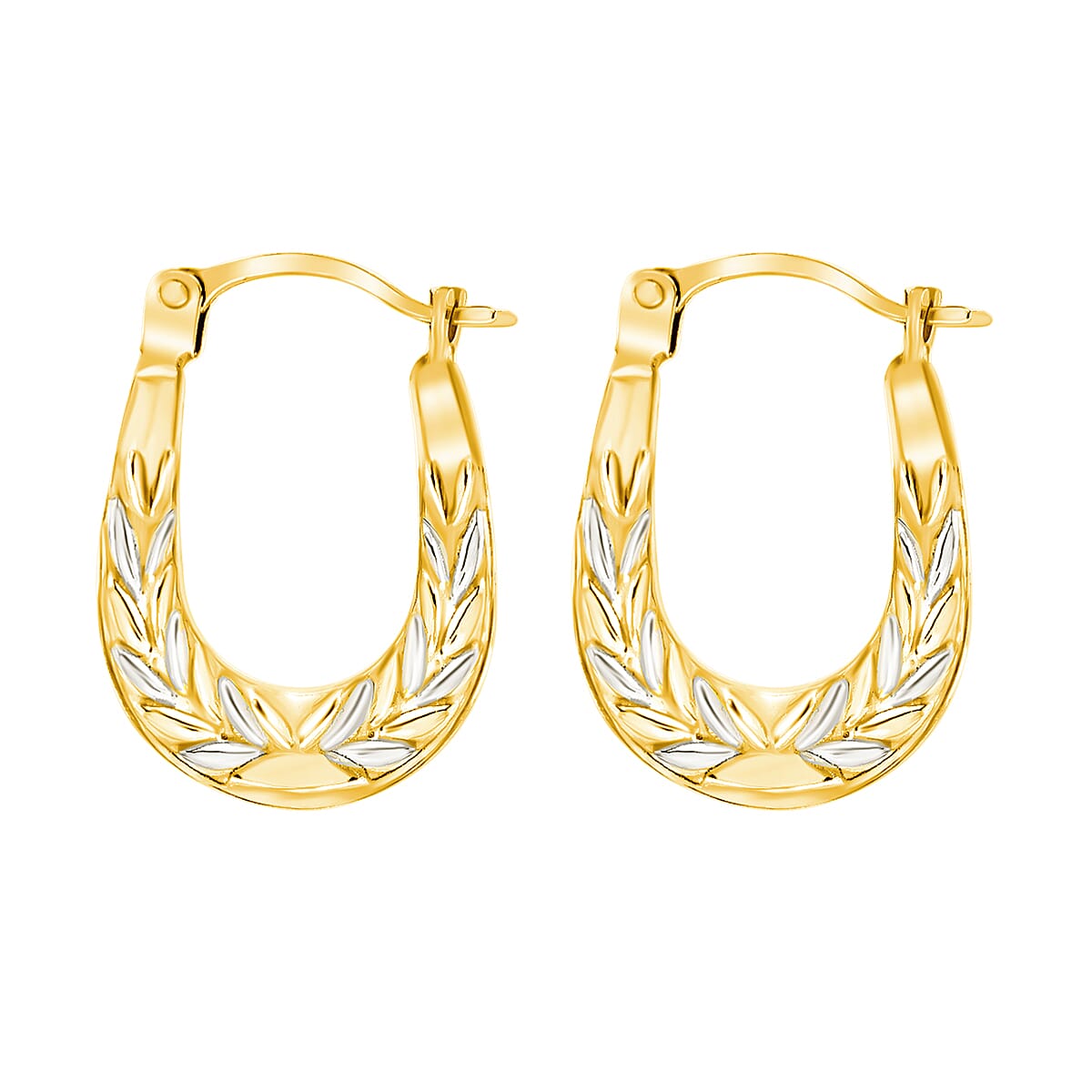 9K Two Colour Gold 12MM X 16MM Patterned Kiss Creole Earrings 0.4 grams