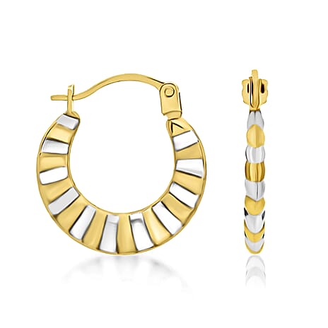 9K Two Colour Gold 14MM X 15MM Ribbed Creole Earrings 0.43 grams