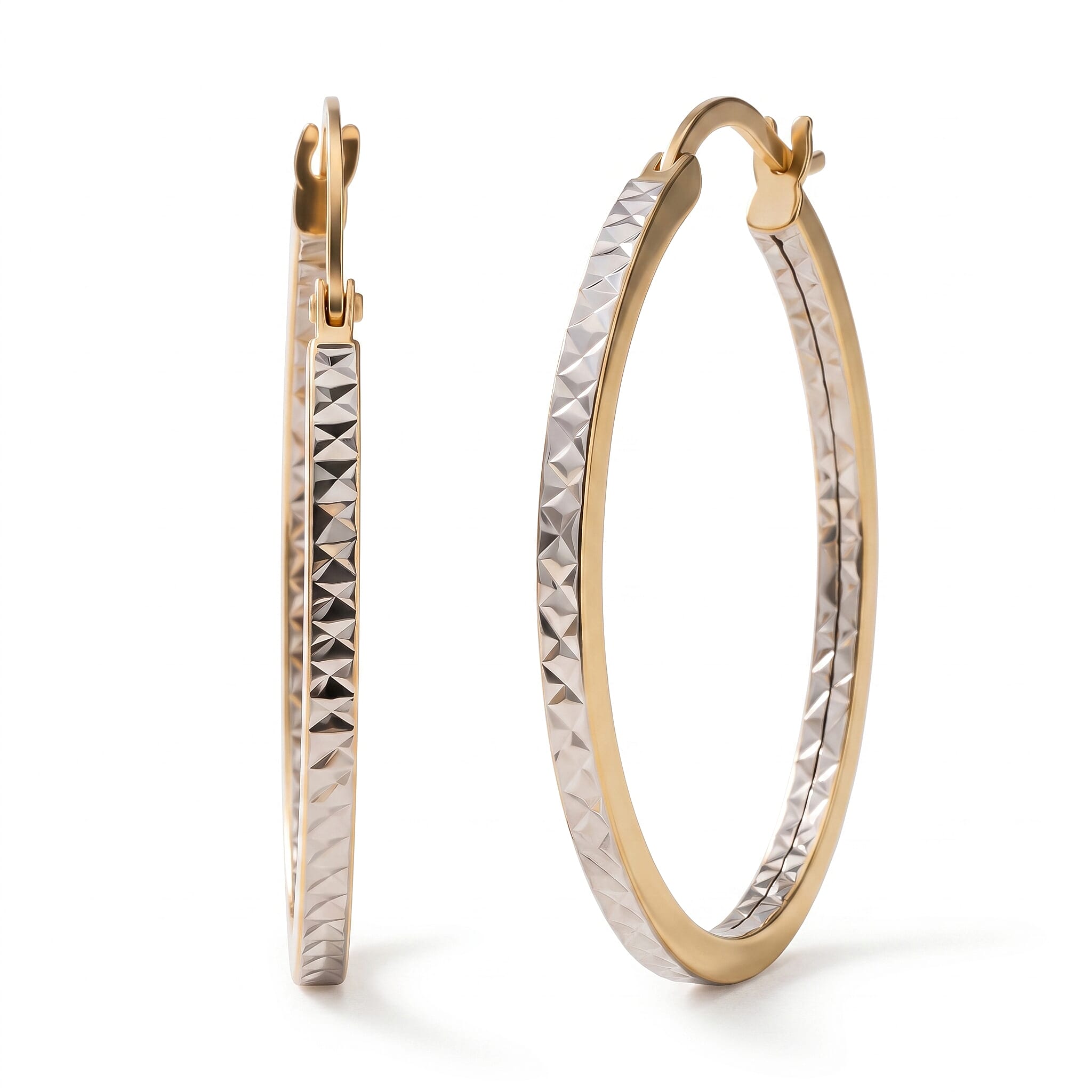 9K Two Colour Gold 28MM Diamond Cut Creole Big Hoop Earrings 1.9 grams