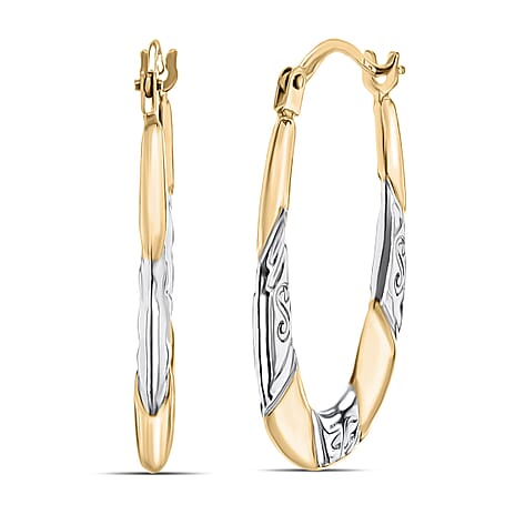 9K Two Colour Gold 15MM X 24MM Patterned Creole Earrings 0.7 grams