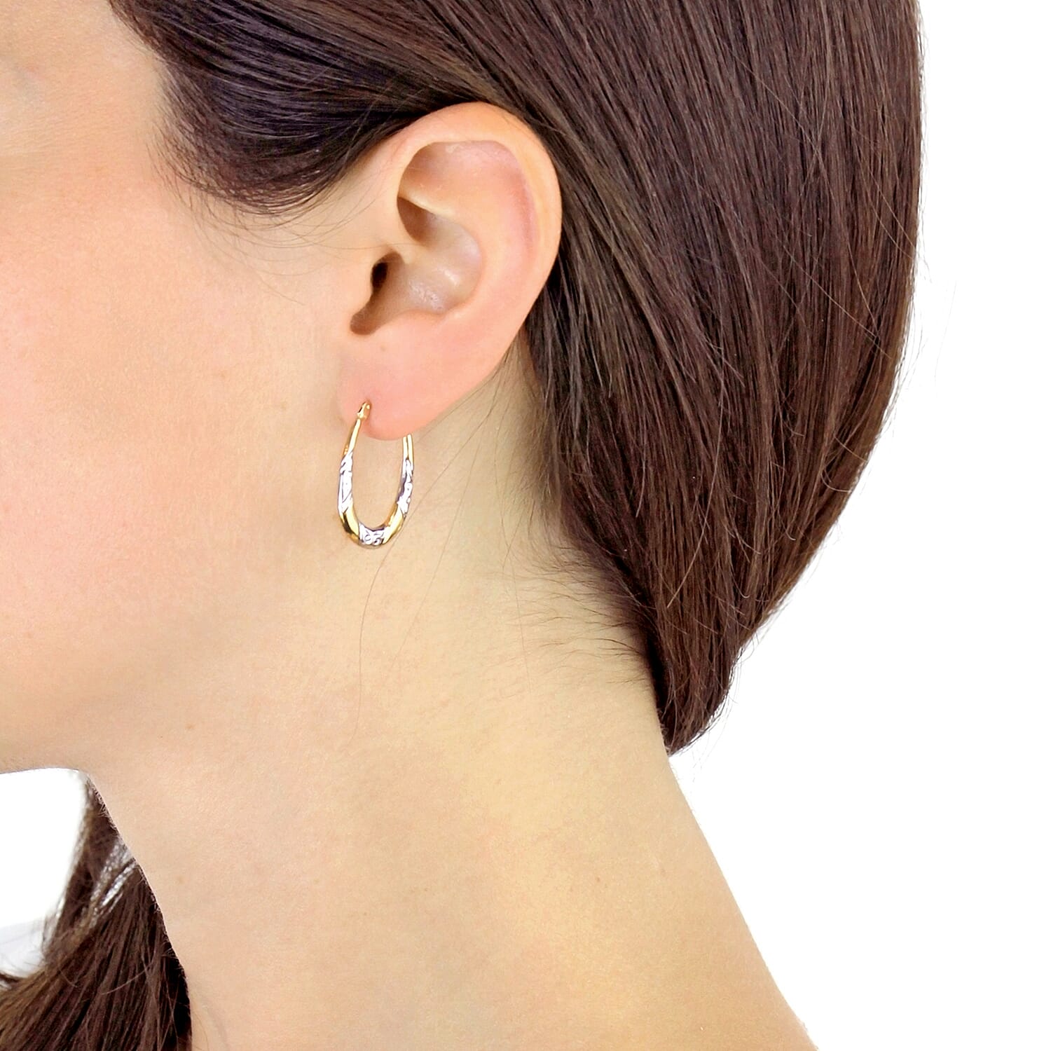 9K Two Colour Gold 15MM X 24MM Patterned Creole Earrings 0.7 grams