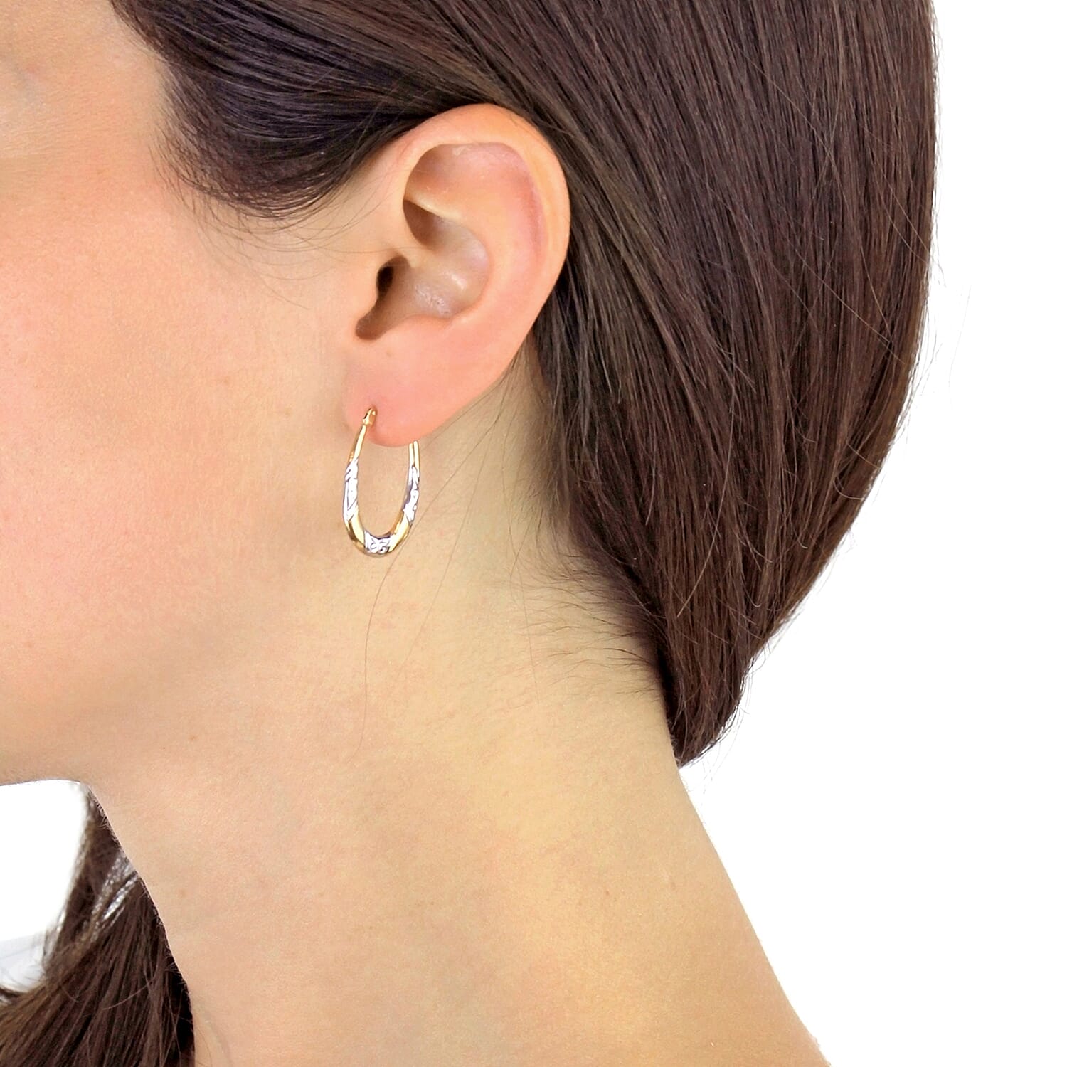 9K Two Colour Gold 15MM X 24MM Patterned Creole Earrings 0.7 grams