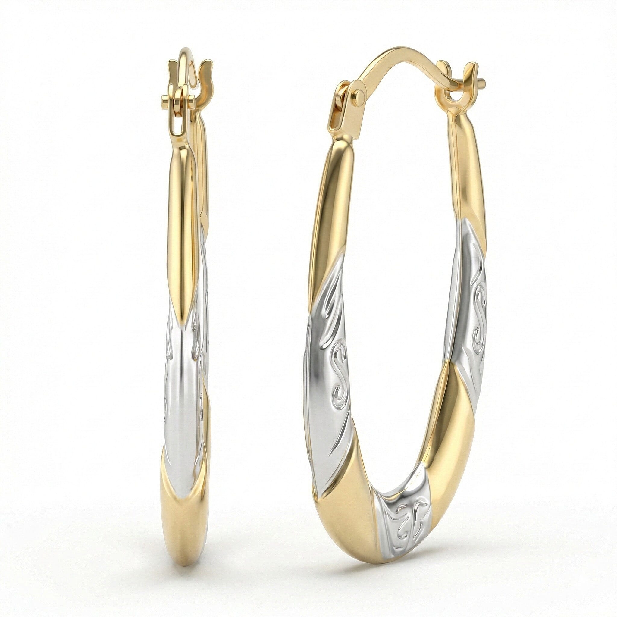 9K Two Colour Gold 15MM X 24MM Patterned Creole Earrings 0.7 grams