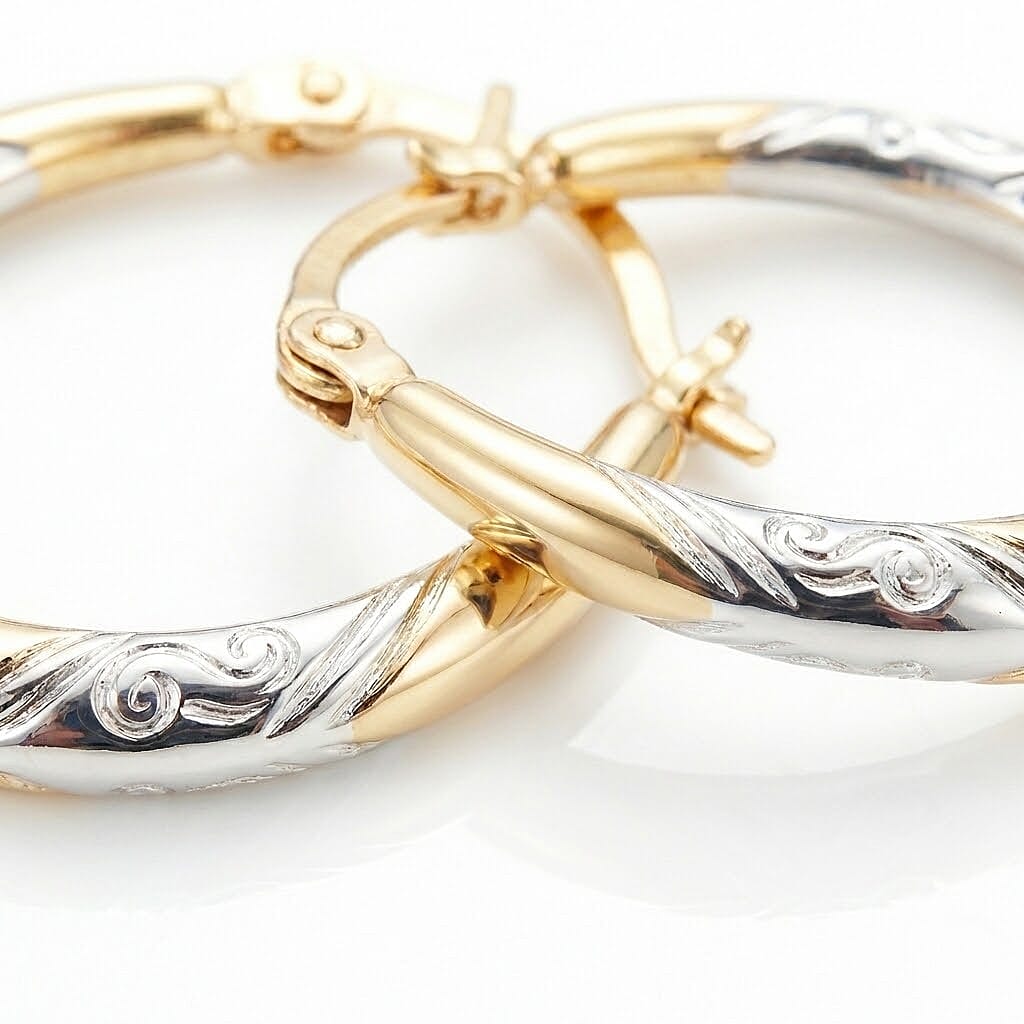 9K Two Colour Gold 15MM X 24MM Patterned Creole Earrings 0.7 grams