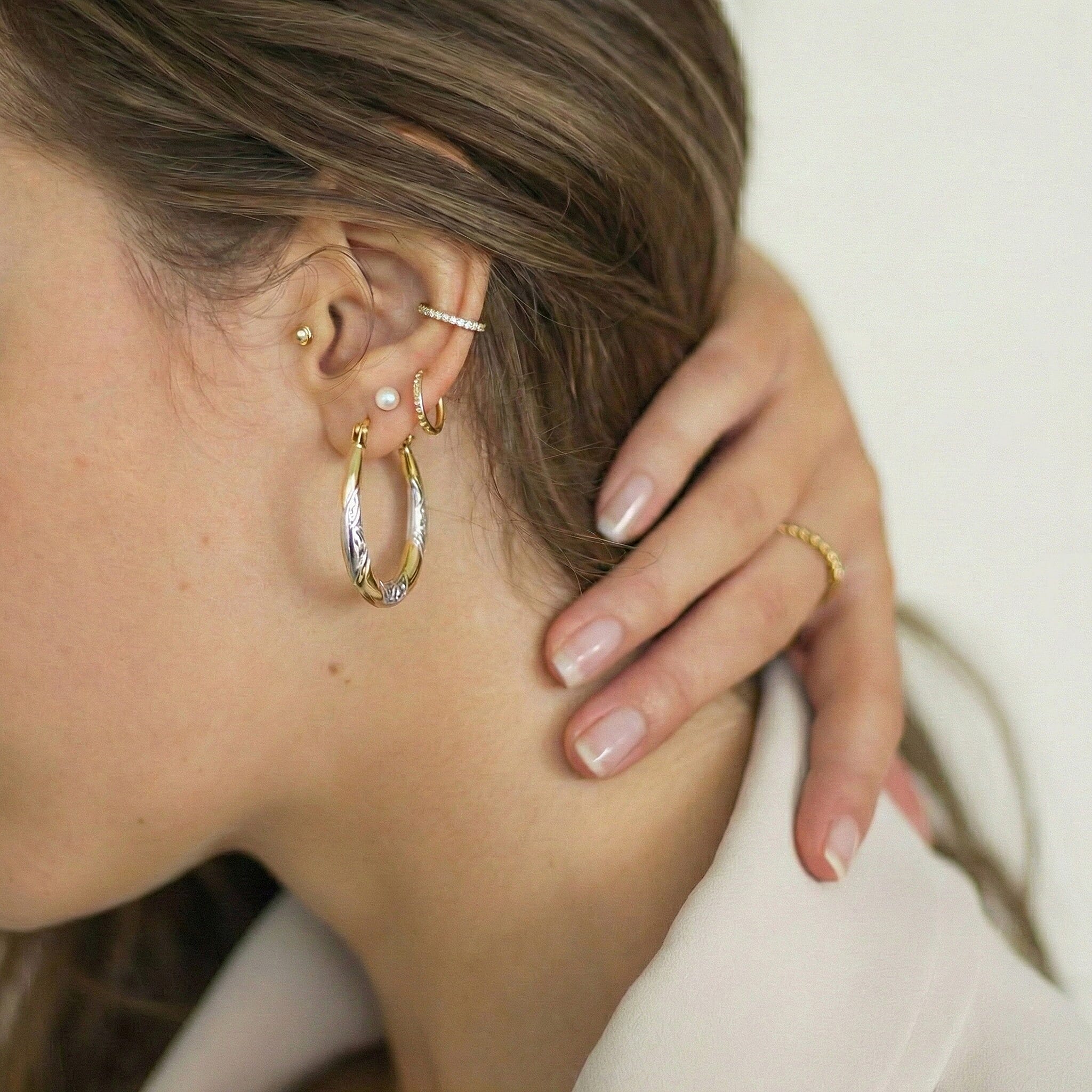 9K Two Colour Gold 15MM X 24MM Patterned Creole Earrings 0.7 grams