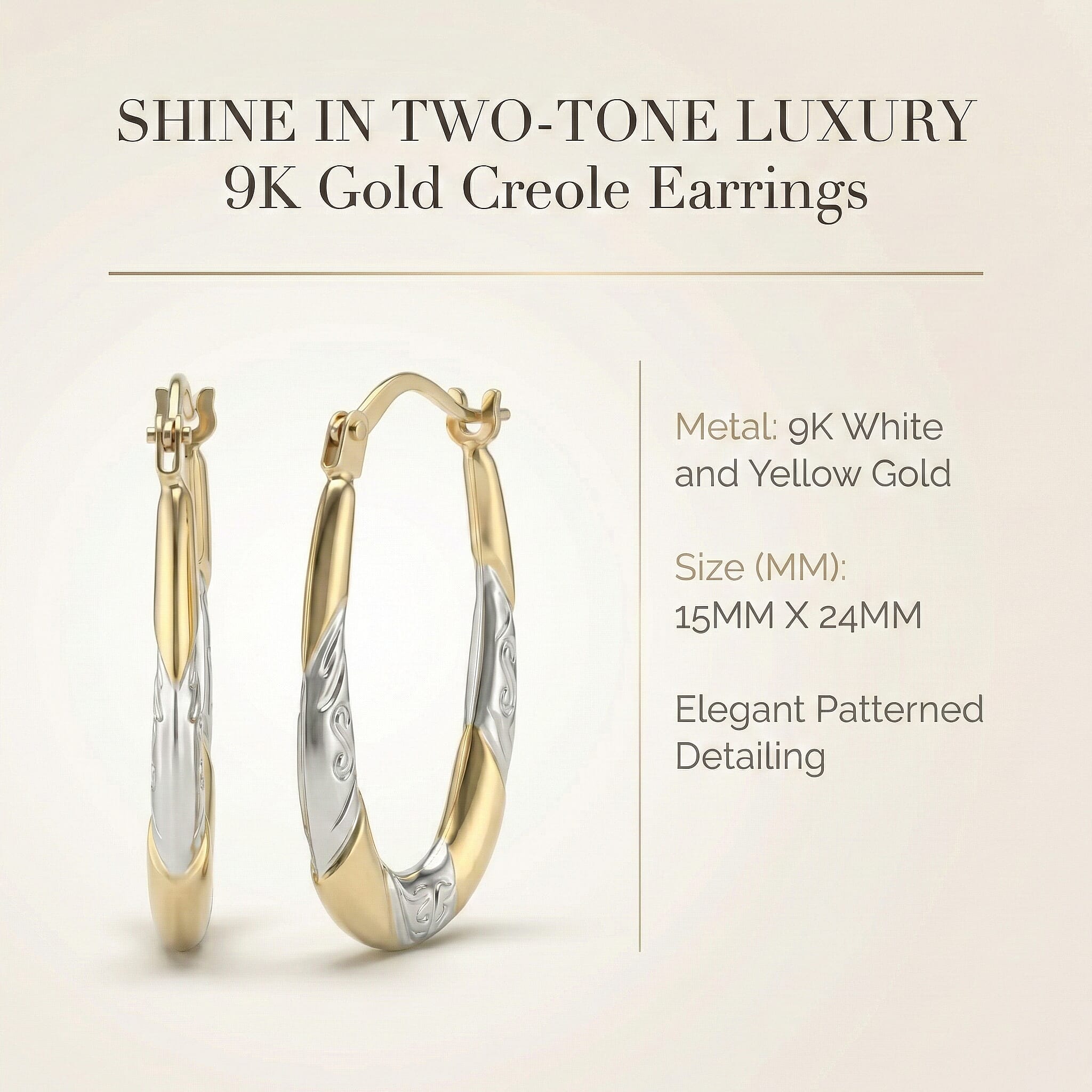 9K Two Colour Gold 15MM X 24MM Patterned Creole Earrings 0.7 grams