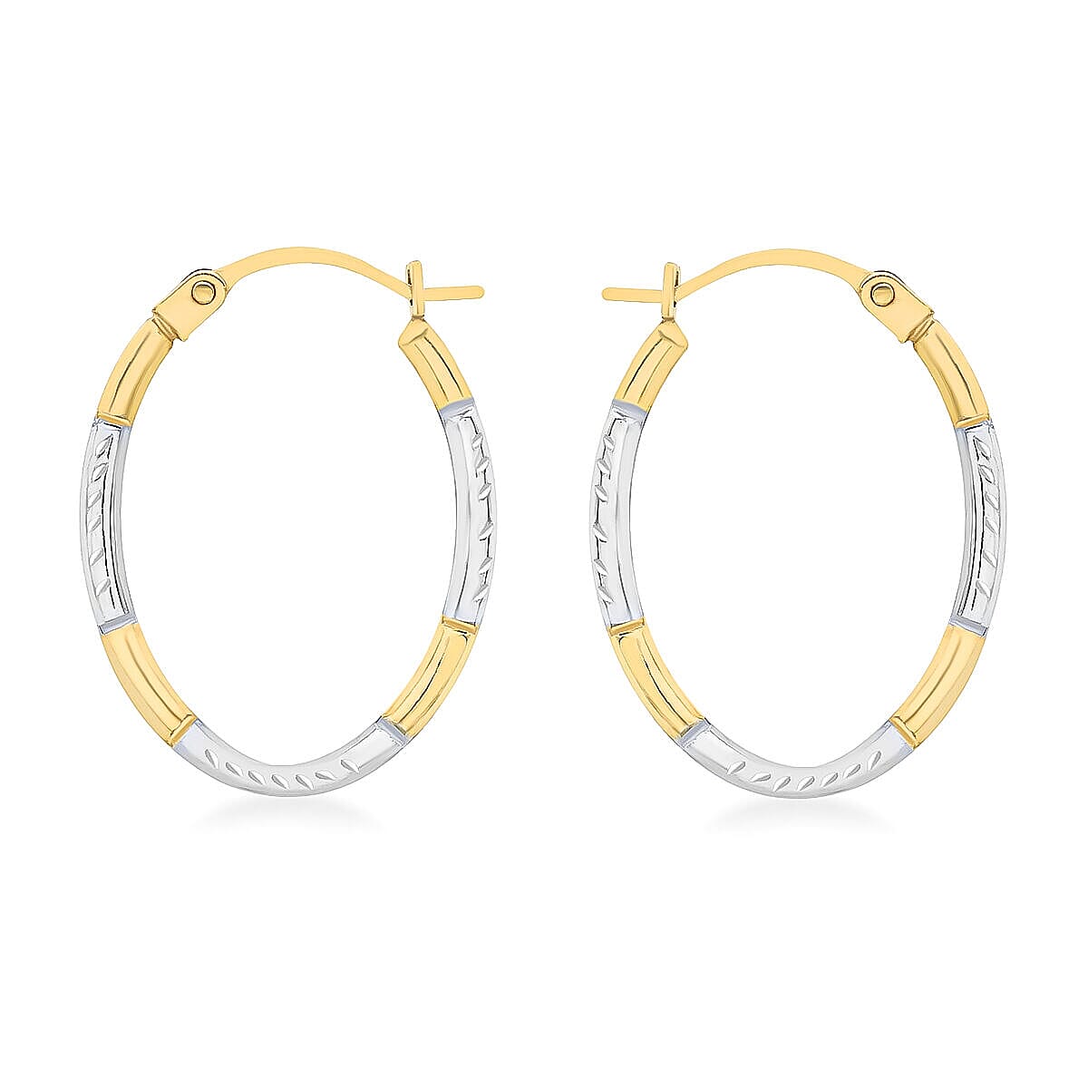 9K Two Colour Gold 14MM X 20MM Diamond Cut Oval Creole Earrings 0.44 grams