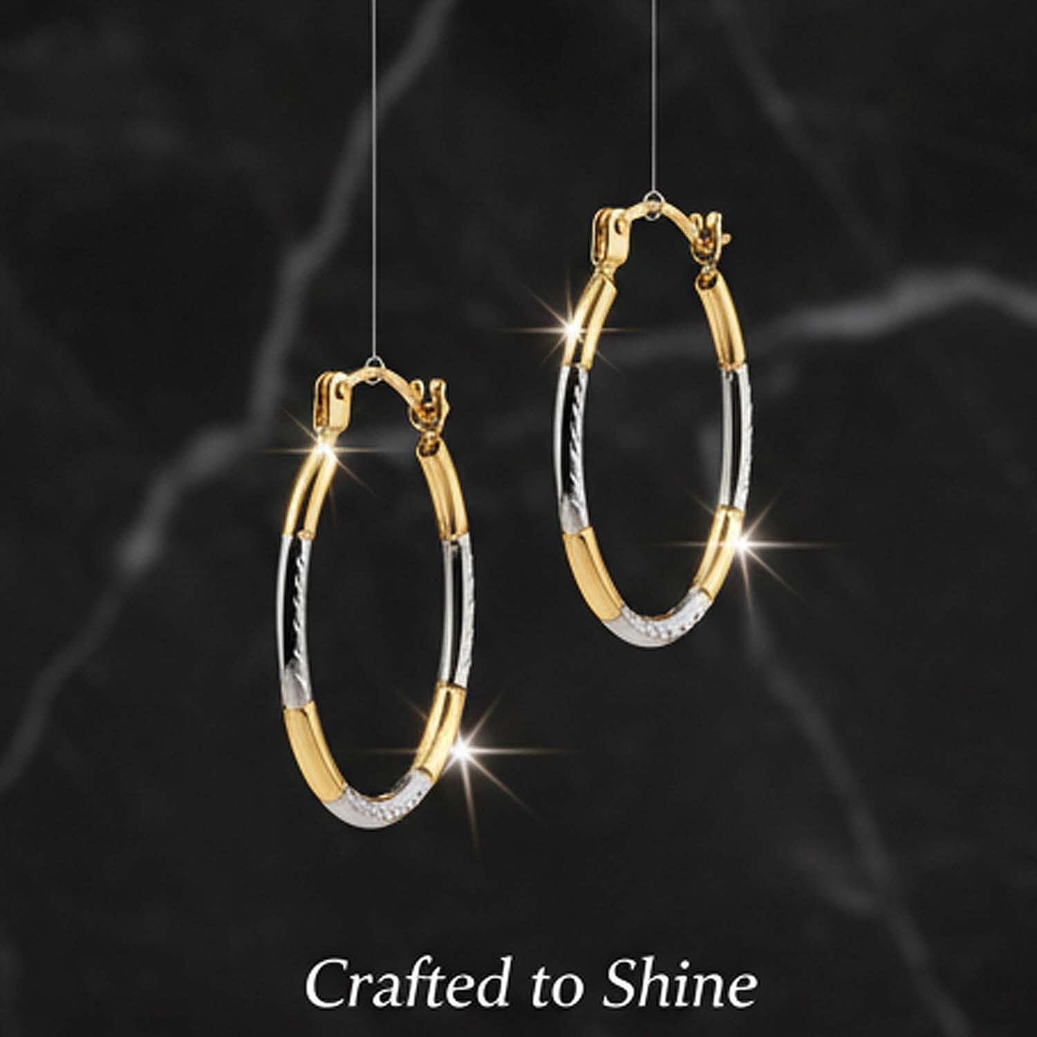 9K Two Colour Gold 14MM X 20MM Diamond Cut Oval Creole Earrings 0.44 grams